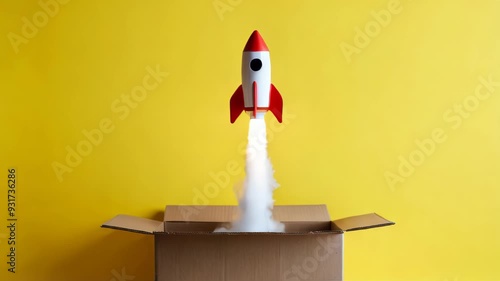 Toy rocket taking off from a cardboard box, startup and delivery concept.