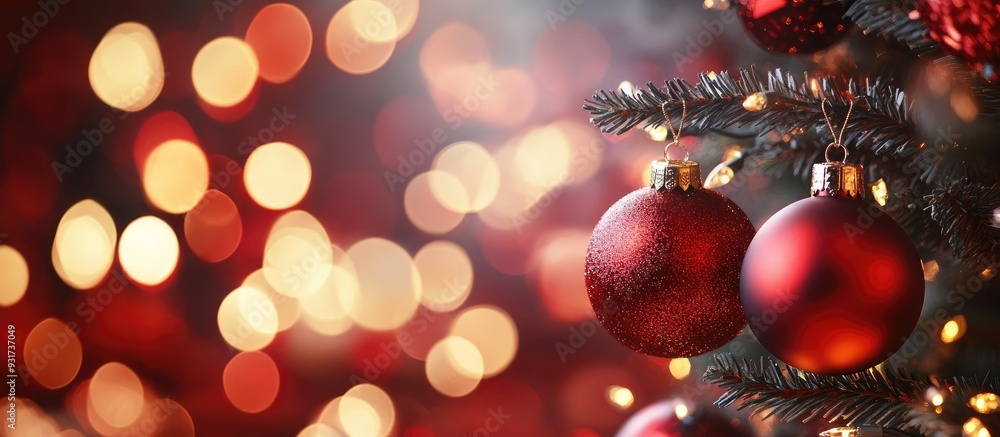 Red Christmas tree ornaments set against a lights backdrop. with copy space image. Place for adding text or design Red Christmas tree ornaments set against a lights backdrop. with copy space image. Place for adding text or design