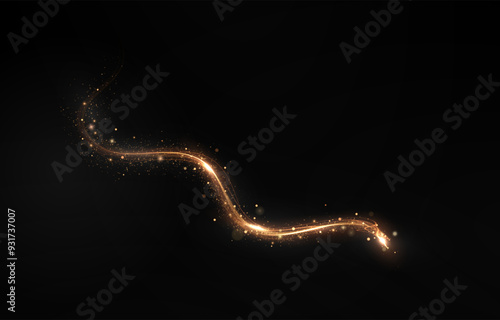 Gold curved light line, rope, tape. Smooth festive gold line png with light effects. Light golden Twirl png. Curve light effect of golden line. Luminous golden spiral png.