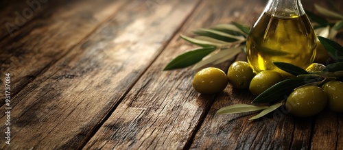 Olive oil and olives on a w...