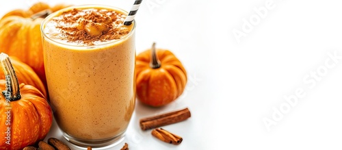 Fototapeta Naklejka Na Ścianę i Meble -  Close up of a healthy pumpkin spice smoothie alongside pumpkins on a white background. with copy space image. Place for adding text or design