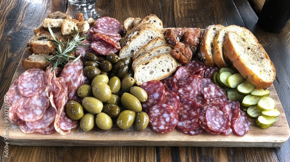 A charcuterie platter with an assortment of cured meats, pickles, olives, and artisan bread. A charcuterie platter with an assortment of cured meats, pickles, olives, and artisan bread.