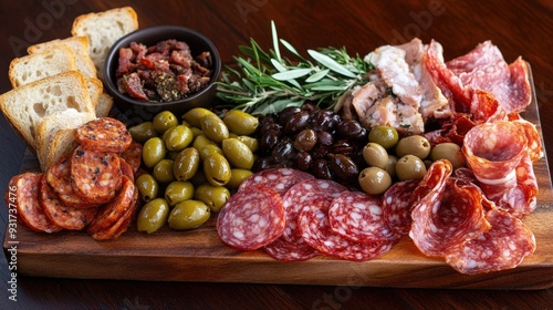 A charcuterie platter with an assortment of cured meats, pickles, olives, and artisan bread.