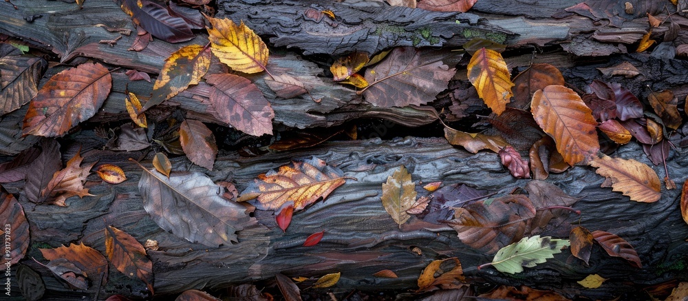 fallen autumn leaves and growths on aged wood. with copy space image. Place for adding text or design fallen autumn leaves and growths on aged wood. with copy space image. Place for adding text or design