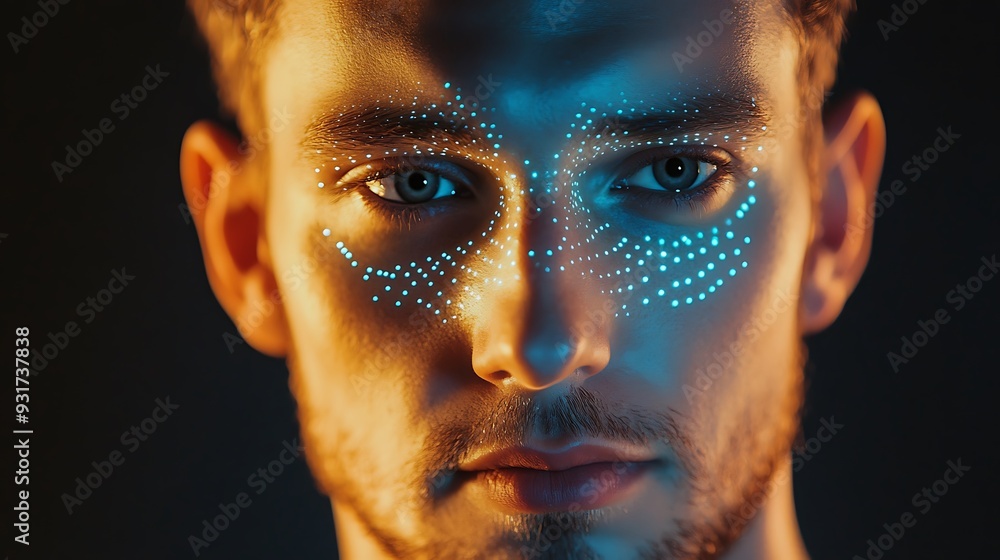 Close-up portrait of a young man with glowing blue dots on his face. Close-up portrait of a young man with glowing blue dots on his face.