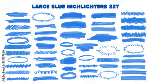 Markers large set blue. Watercolor blue hand drawn highlight set. Vector highlighter graphic stylish element. Marker blue set, brush pen hand drawn underline. Highlighter collection, brush lines, isol
