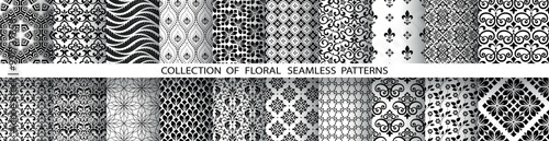 Geometric floral set of seamless patterns. White and black vector backgrounds. Damask graphic ornaments.
