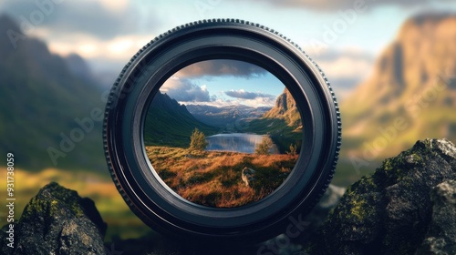 A close-up of a camera lens in focus, capturing a sharp image of a scenic landscape in the distance.
