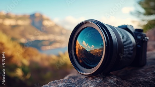 A close-up of a camera lens in focus, capturing a sharp image of a scenic landscape in the distance.