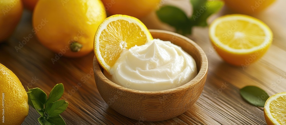 close up of citrus body lotion in a bowl on wood. with copy space image. Place for adding text or design close up of citrus body lotion in a bowl on wood. with copy space image. Place for adding text or design