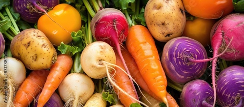 Obraz na płótnie Close up of a row of root vegetables on a tabletop. with copy space image. Place for adding text or design w salonie