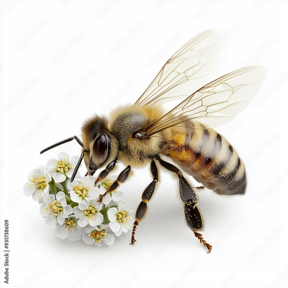 Honey bee on white flowers against white background Honey bee on white flowers against white background