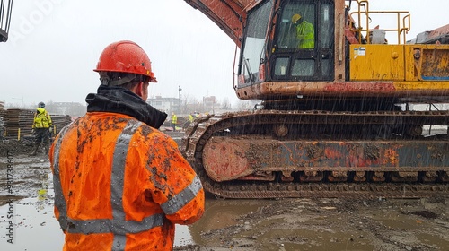 Labour work on construction side in Havey Rain Construction worker is standing in the rain in front of large construction vehicle photo