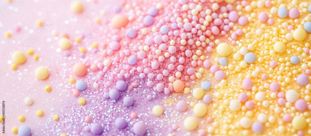 Square image of yellow pink and purple sprinkles on a pastel colored background featuring glitter. with copy space image. Place for adding text or design Square image of yellow pink and purple sprinkles on a pastel colored background featuring glitter. with copy space image. Place for adding text or design