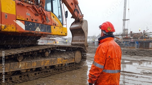 Labour work on construction side in Havey Rain Construction worker is standing in the rain in front of large construction vehicle photo