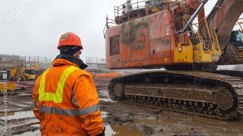 Labour work on construction side in Havey Rain Construction worker is standing in the rain in front of large construction vehicle photo