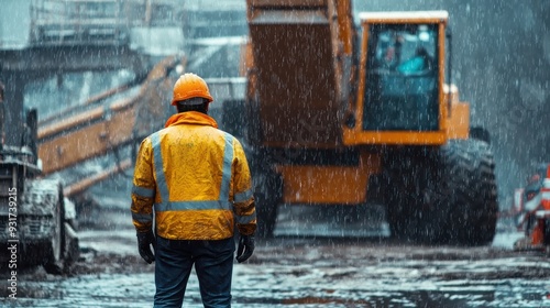 Labour work on construction side in Havey Rain Construction worker is standing in the rain in front of large construction vehicle photo