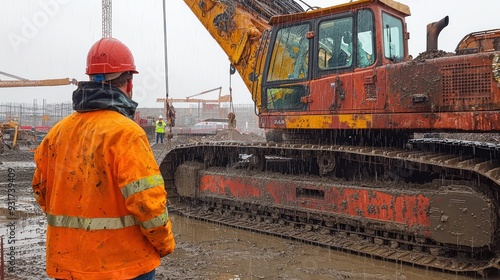 Labour work on construction side in Havey Rain Construction worker is standing in the rain in front of large construction vehicle photo