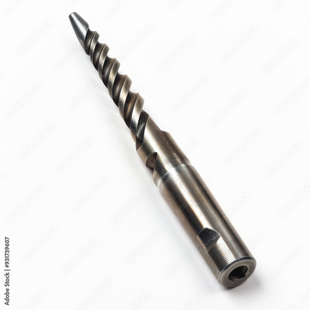 A close-up of a silver drill bit with a pointed tip and a spiral design. A close-up of a silver drill bit with a pointed tip and a spiral design.