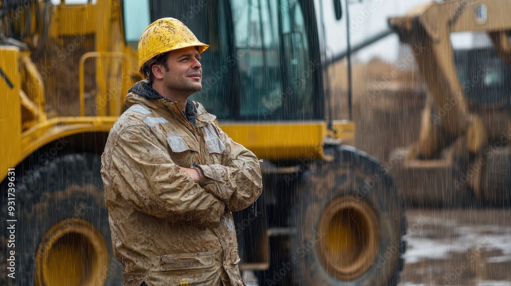Labour work on construction side in Havey Rain Construction worker is standing in the rain in front of large construction vehicle Labour work on construction side in Havey Rain Construction worker is standing in the rain in front of large construction vehicle