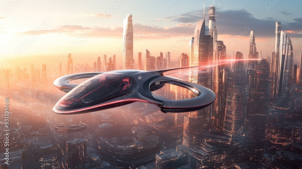 A concept of a futuristic flying car gliding effortlessly above a sprawling city, blending seamlessly with advanced architecture. A concept of a futuristic flying car gliding effortlessly above a sprawling city, blending seamlessly with advanced architecture.