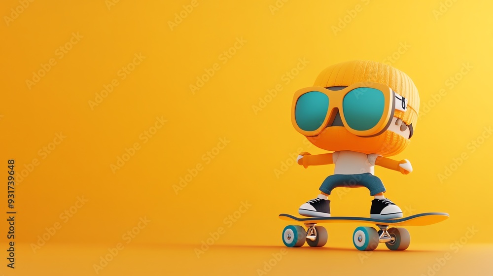 A 3D cartoon character in a yellow hat and sunglasses is skateboarding. A 3D cartoon character in a yellow hat and sunglasses is skateboarding.