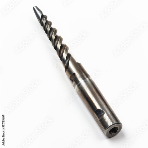 A close-up of a silver drill bit with a pointed tip and a spiral design.