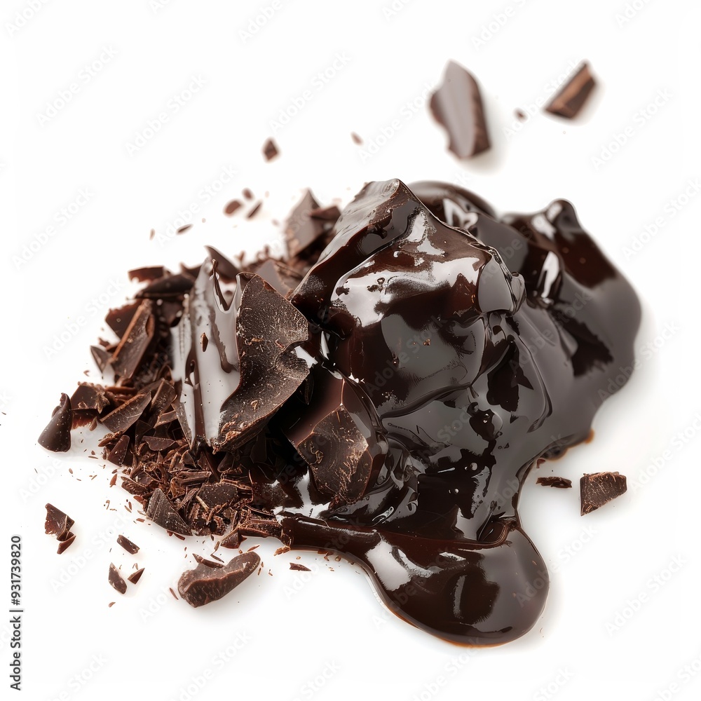 Fototapeta premium A close-up of melted dark chocolate with chocolate shavings on a white background.