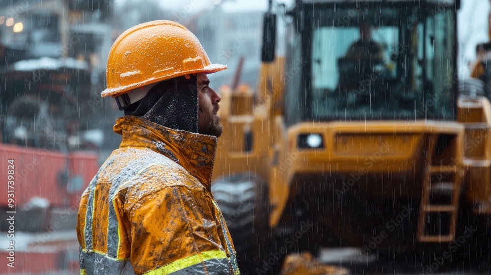 Labour work on construction side in Havey Rain Construction worker is standing in the rain in front of large construction vehicle Labour work on construction side in Havey Rain Construction worker is standing in the rain in front of large construction vehicle