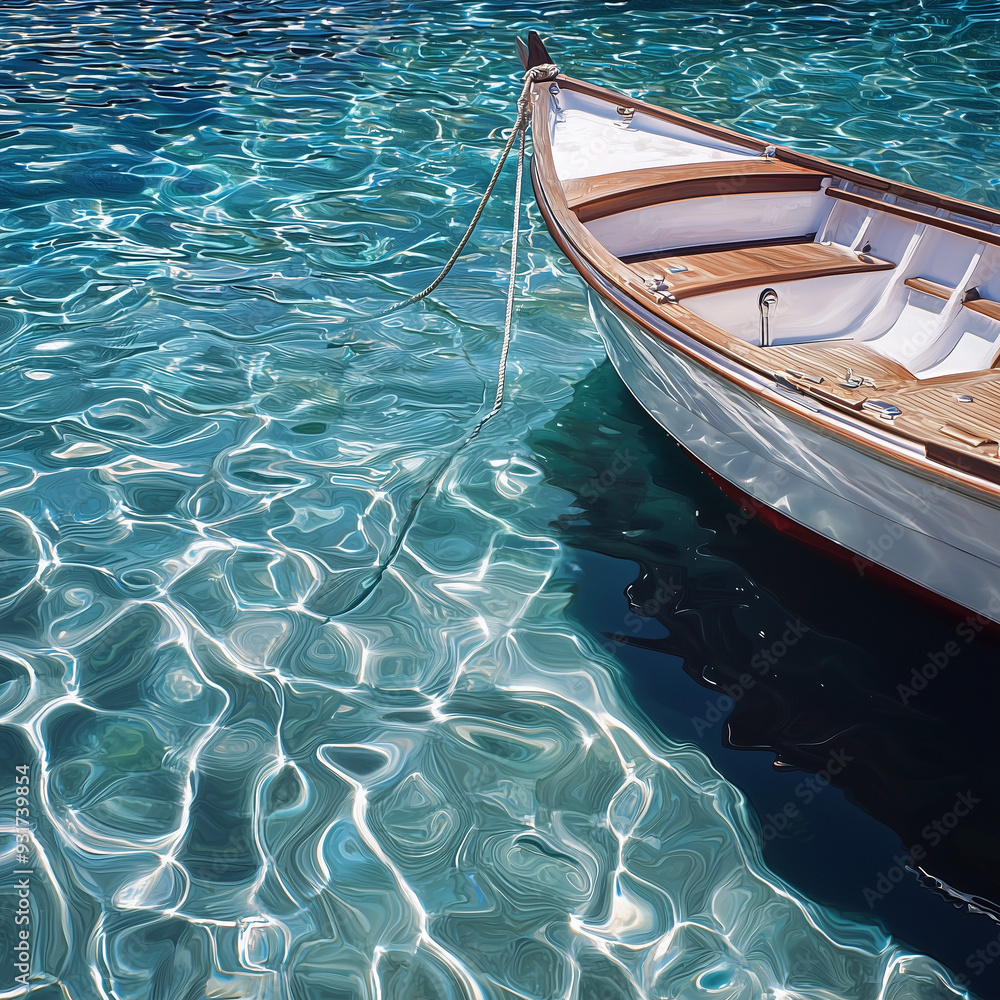 Wooden boat on crystal clear turquoise water Wooden boat on crystal clear turquoise water