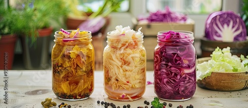 Fermented foods sauerkraut in an open glass mason jar Cabbage being pickled at home on a table The top natural probiotic Homemade kraut copyspace for text photo