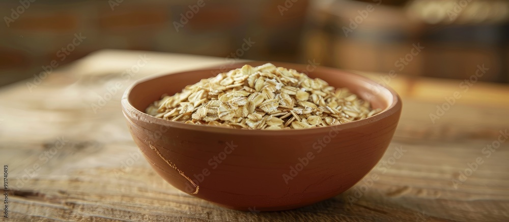 Oat flakes rolled oats in a white bowl on a wooden table with free space in a horizontal layout Healthy diet food. with copy space image. Place for adding text or design Oat flakes rolled oats in a white bowl on a wooden table with free space in a horizontal layout Healthy diet food. with copy space image. Place for adding text or design