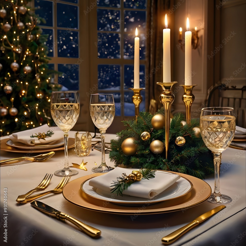 Crystal Glasses and Evergreen Centerpiece Dinner Illustration Crystal Glasses and Evergreen Centerpiece Dinner Illustration