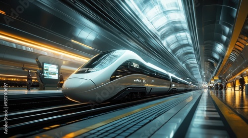 A futuristic train station with advanced ticketing systems, holographic information displays, and sleek, high-speed trains.