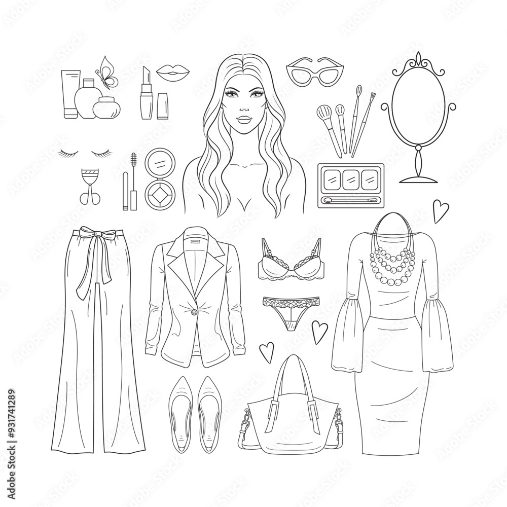Female fashion set. Vector line illustration of women's clothes and accessories, makeup, and cosmetics, isolated on a white background. Female fashion set. Vector line illustration of women's clothes and accessories, makeup, and cosmetics, isolated on a white background.