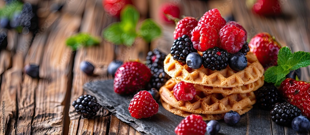 Homemade wafers accompanied by berries and coffee on a table Selective focus Copyspace Homemade wafers accompanied by berries and coffee on a table Selective focus Copyspace