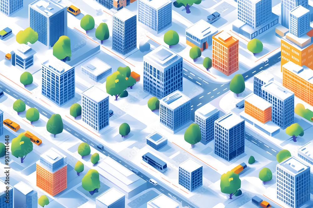 Isometrische Darstellung einer modernen Stadt mit Straßen und Gebäuden Isometrische Darstellung einer modernen Stadt mit Straßen und Gebäuden