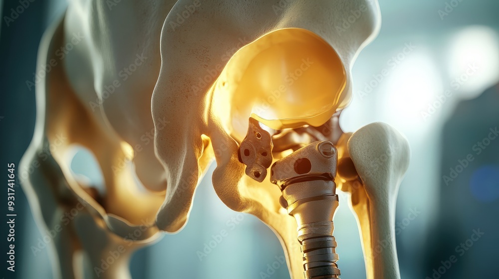 An artificial hip joint implant is securely positioned within the ...