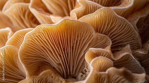 A macro shot of a mushroom gills, showing the intricate patterns and delicate structures up close.