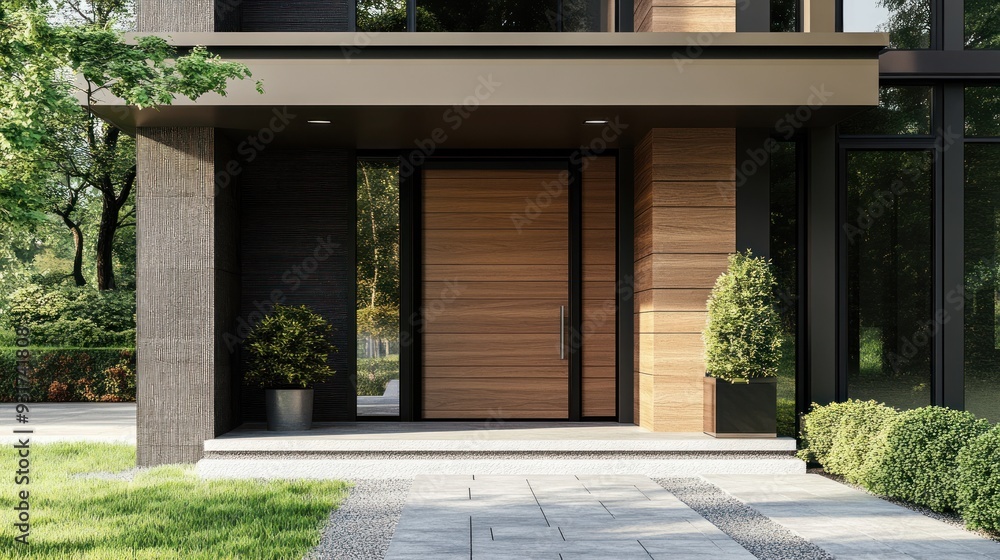 Modern House Entrance with Wooden Door and Greenery Modern House Entrance with Wooden Door and Greenery
