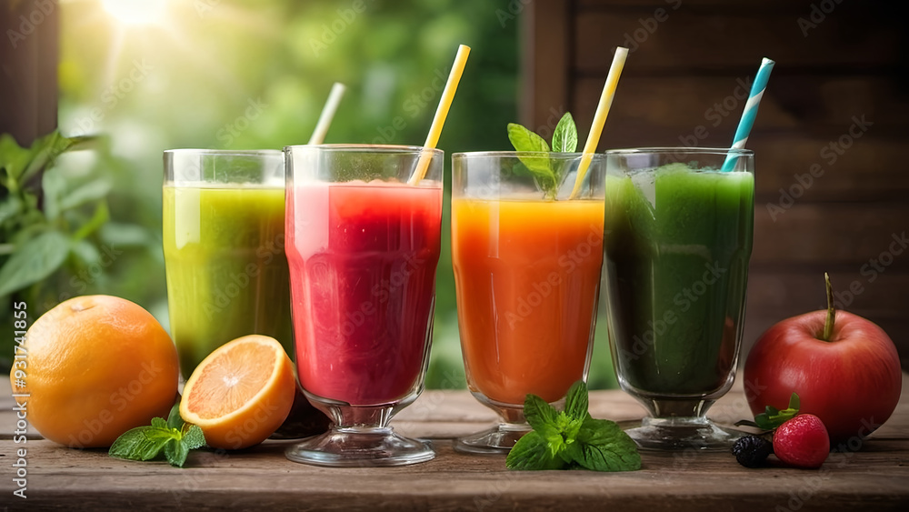 Glasses with fresh organic vegetable and fruit juices
Glasses with fresh organic vegetable and fruit juices