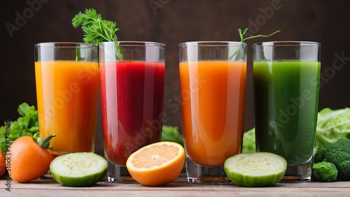 Glasses with fresh organic vegetable and fruit juices 