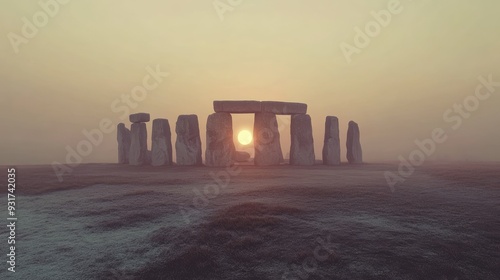 A mystical shot of Stonehenge during the winter solstice, with the sun aligned perfectly with the stones.