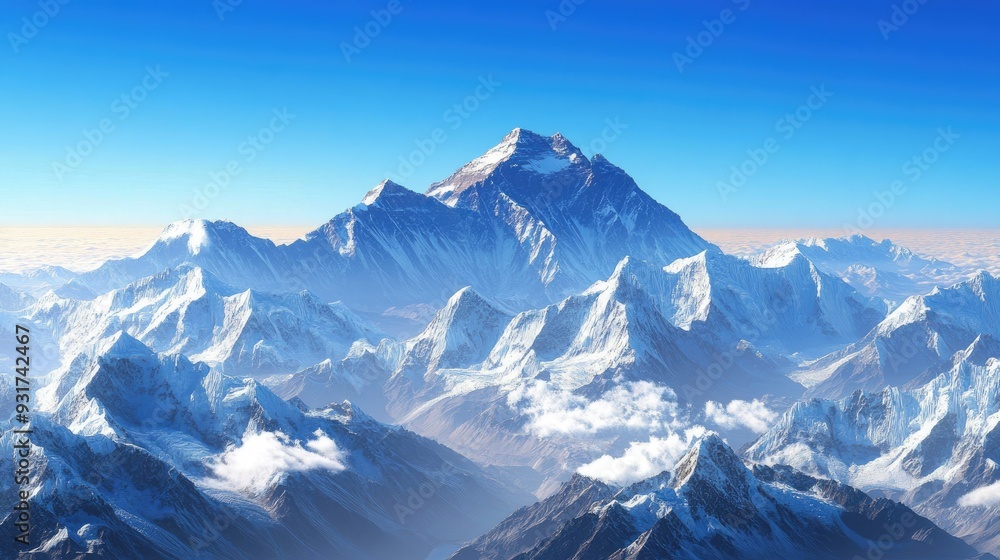 A panoramic shot of the Himalayan range, with Mount Everest standing tall as the highest point against a clear blue sky. A panoramic shot of the Himalayan range, with Mount Everest standing tall as the highest point against a clear blue sky.