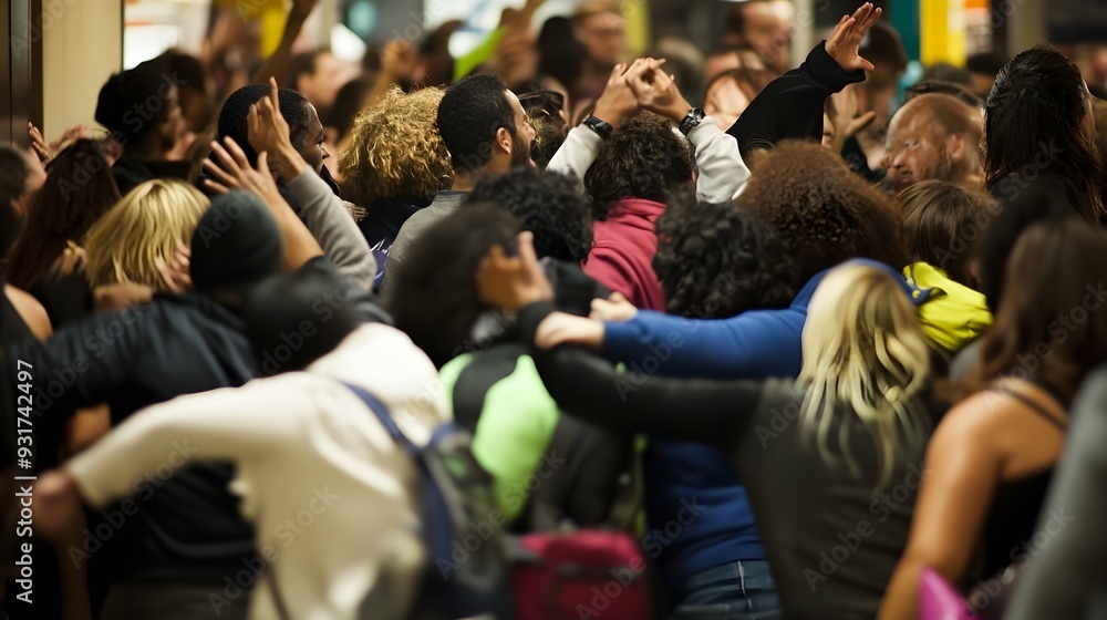 Large crowd of diverse people rushing in a store during Black Friday shopping event. Large crowd of diverse people rushing in a store during Black Friday shopping event.