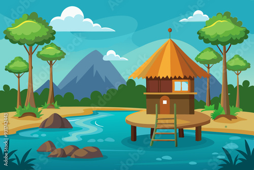 hut on stilt near lake game cartoon vector illustration