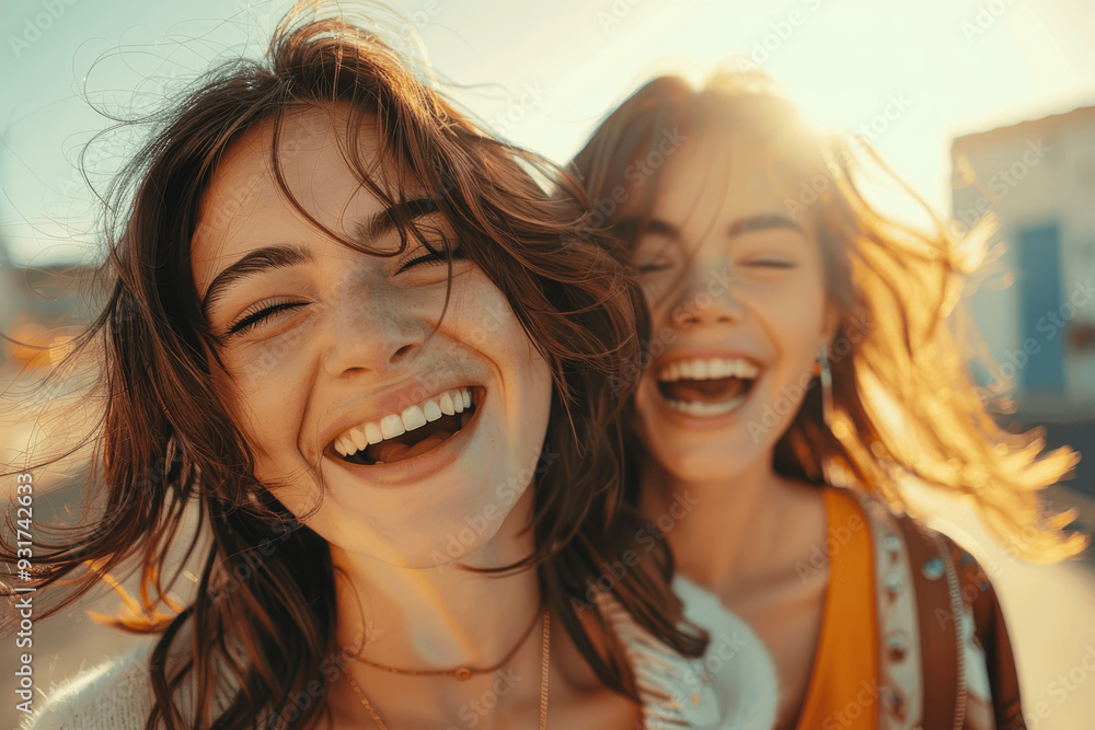 Two Young Women Laughing Joyfully Under The Sun Two Young Women Laughing Joyfully Under The Sun