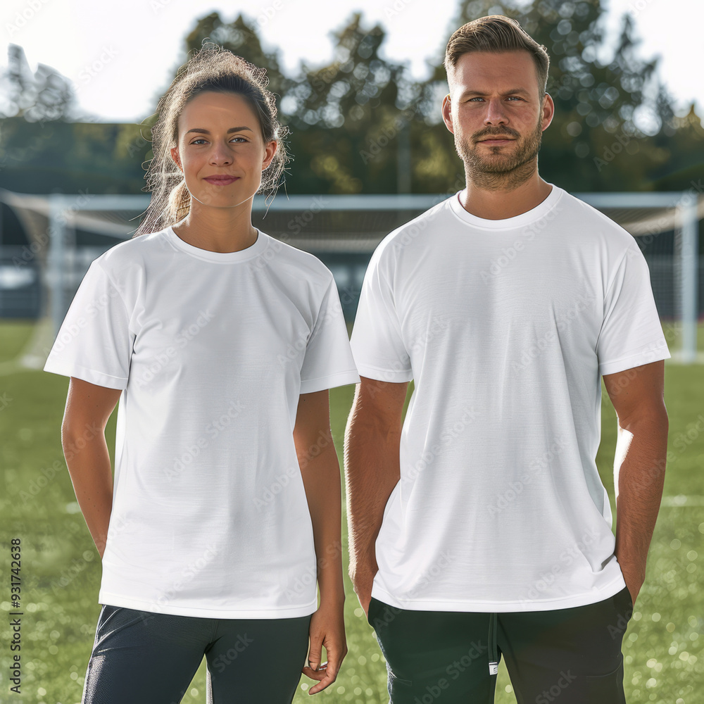 Man and women standing next to a soccer field wearing white T-Shirts for mockup t-shirt Man and women standing next to a soccer field wearing white T-Shirts for mockup t-shirt