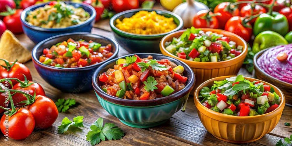 Cheerful and colorful, the salsa fiesta presents a lively display of freshly made dips, each bowl a masterpiece of texture and hue, radiating warmth and energy. Cheerful and colorful, the salsa fiesta presents a lively display of freshly made dips, each bowl a masterpiece of texture and hue, radiating warmth and energy.