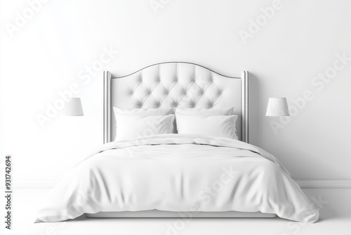 Isolated contemporary Queen size bed on transparent PNG background, comfortable for sleeping time, interior bedroom decoration concept. photo